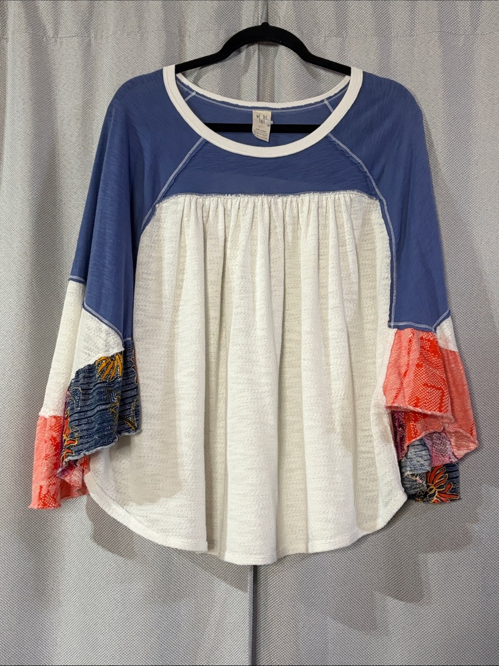We The Free Blue and Cream Boho Patchwork Bell Sleeve Tunic